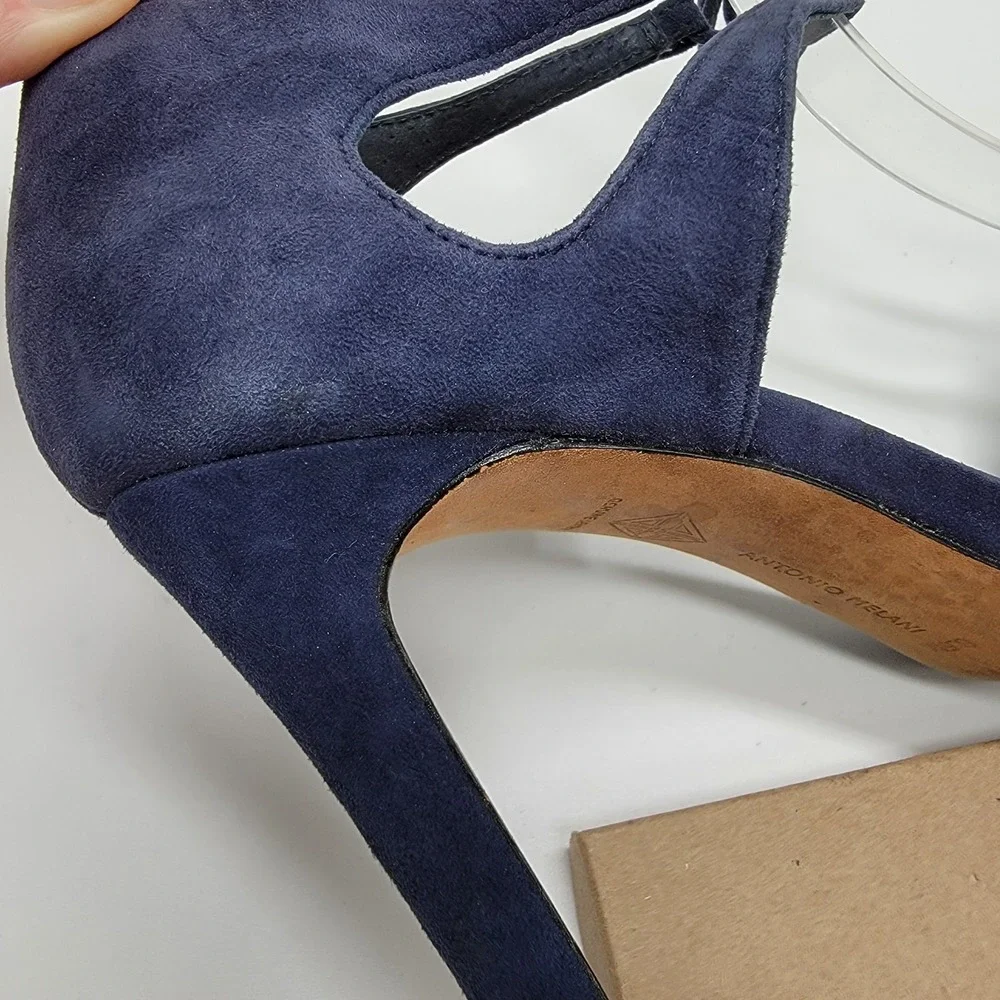 Antonio Melani Navy Blue Suede Sandals Women's Sz 6.5 Leather Sole Sexy Heels